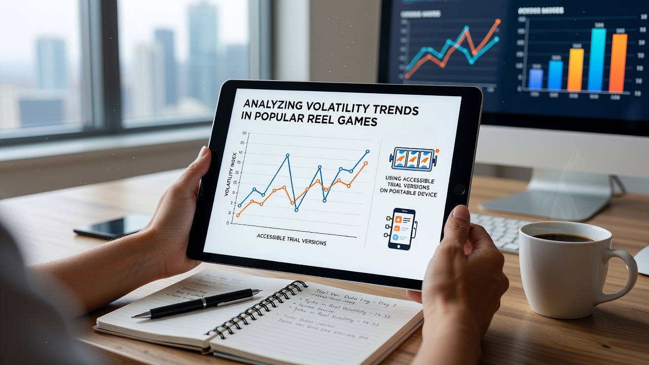 Portable device screen showing reel game statistics and volatility charts during demo play