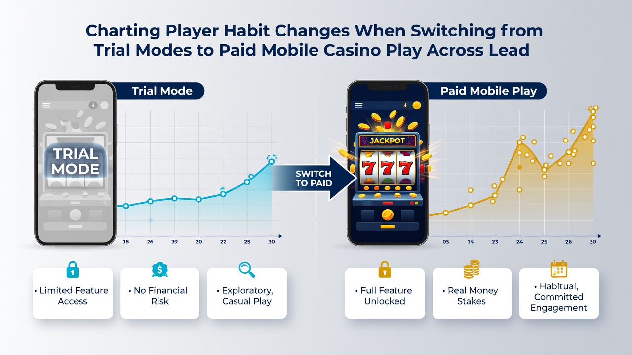 Analytics dashboard displaying player behavior metrics comparing demo versus paid mobile casino sessions