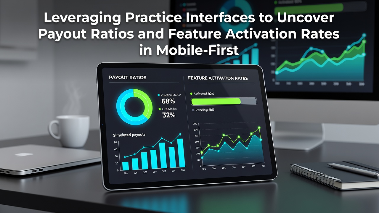 Analytics dashboard on a tablet displaying RTP percentages and bonus trigger frequency charts from casino demo sessions