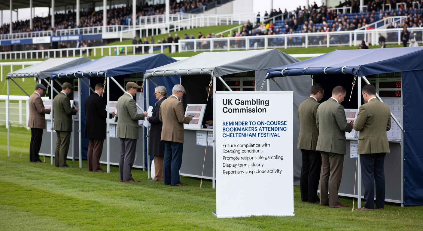 Close-up of bookmaker's stand at a racecourse, showing cash handling equipment and busy transaction amid racing action