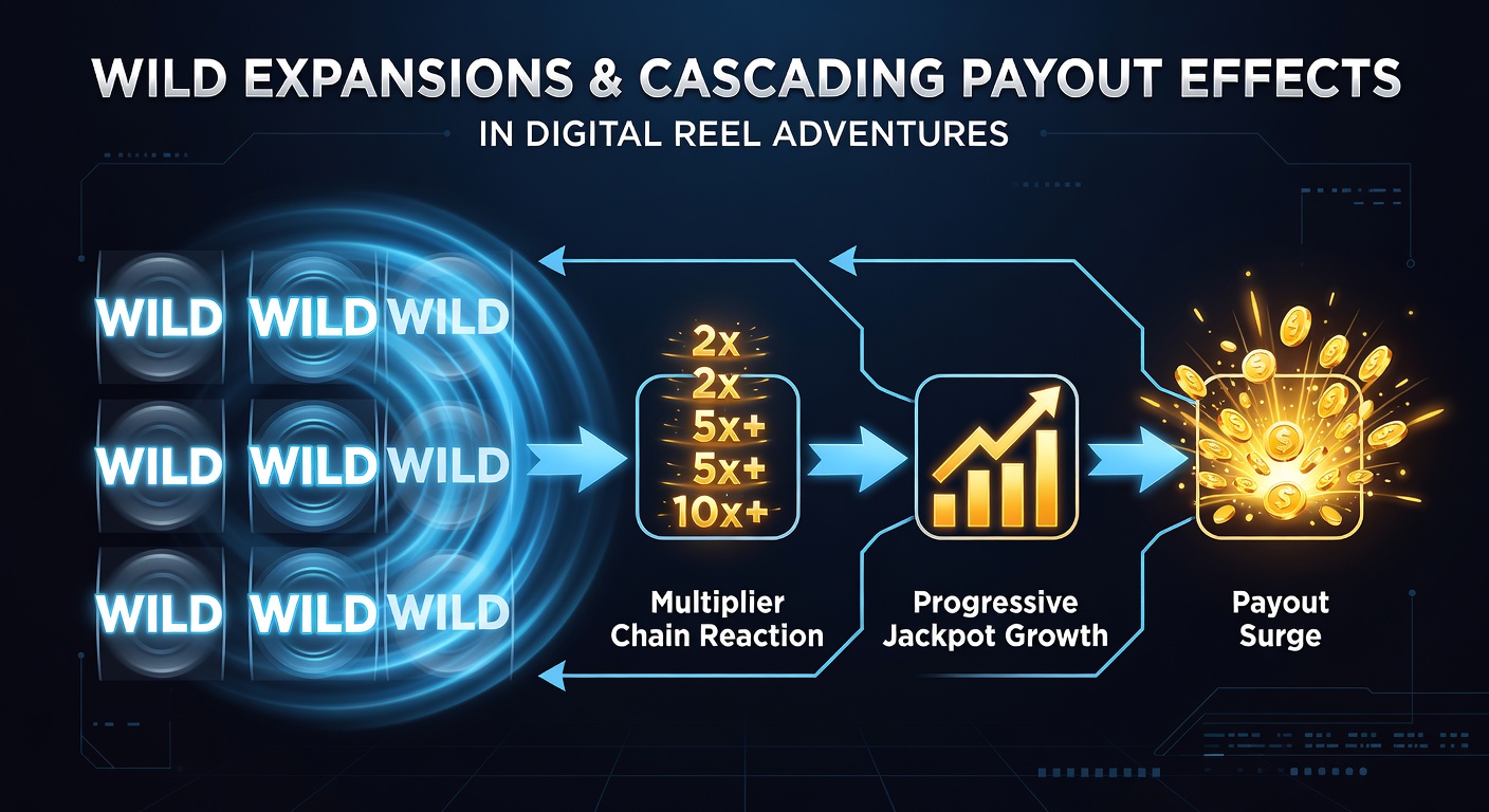 Close-up view of cascading reels with wild symbols expanding and new icons falling into position